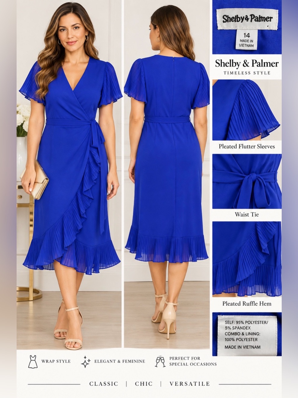 Shelby & Palmer Blue Pleated Ruffle Wrap Midi Dress Size 14